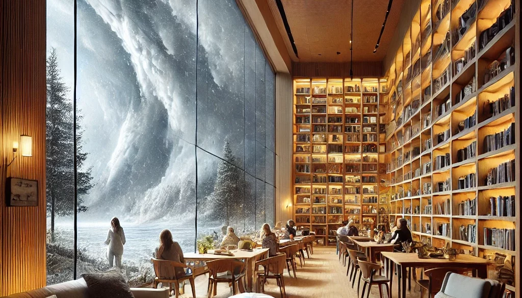 DALL·E 2025-02-25 18.52.27 - A cozy library designed as a climate refuge, with large windows showing a storm outside while the interior remains warm and inviting. The space has wo