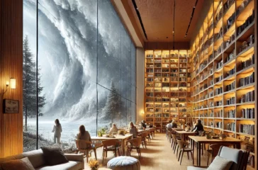 DALL·E 2025-02-25 18.52.27 - A cozy library designed as a climate refuge, with large windows showing a storm outside while the interior remains warm and inviting. The space has wo