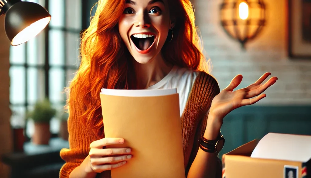 DALL·E 2025-02-25 18.55.50 - A red-haired writer excitedly holding a manuscript in her hands. She stands in front of a table with a postal envelope, ready to send her work. The sc