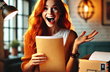 DALL·E 2025-02-25 18.55.50 - A red-haired writer excitedly holding a manuscript in her hands. She stands in front of a table with a postal envelope, ready to send her work. The sc