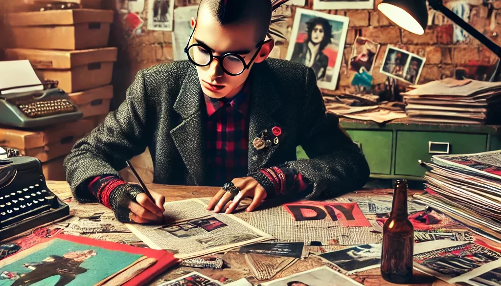 DALL·E 2025-02-25 18.58.47 - A punk-styled writer with glasses working on a magazine at a cluttered table filled with papers, cut-out photographs, and writing materials. The scene