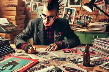 DALL·E 2025-02-25 18.58.47 - A punk-styled writer with glasses working on a magazine at a cluttered table filled with papers, cut-out photographs, and writing materials. The scene